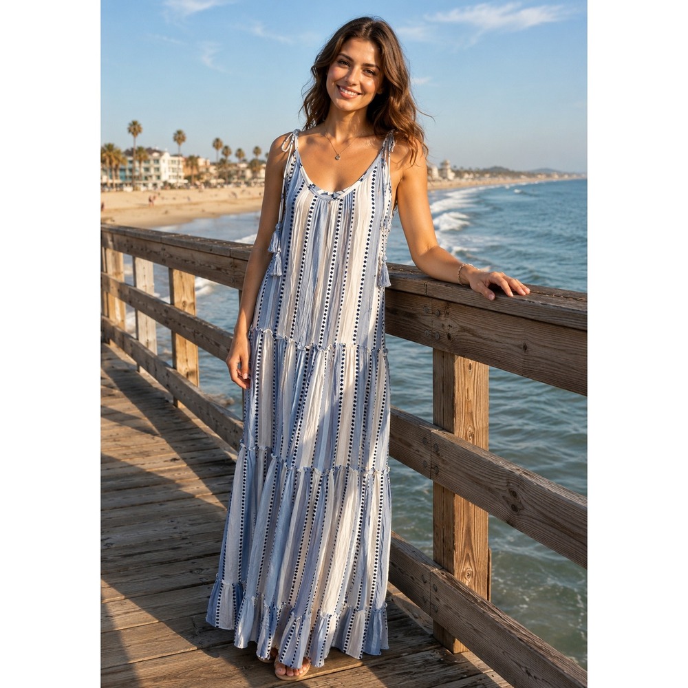 Blue Island Tiered Maxi Dress Women Sz S Blue White Striped Tassel Boho 5926-203